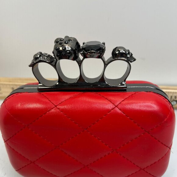Paloma Picasso Red Quilted Skull Knuckle Clutch Bag Gothic Statement Purse - Picture 4 of 8